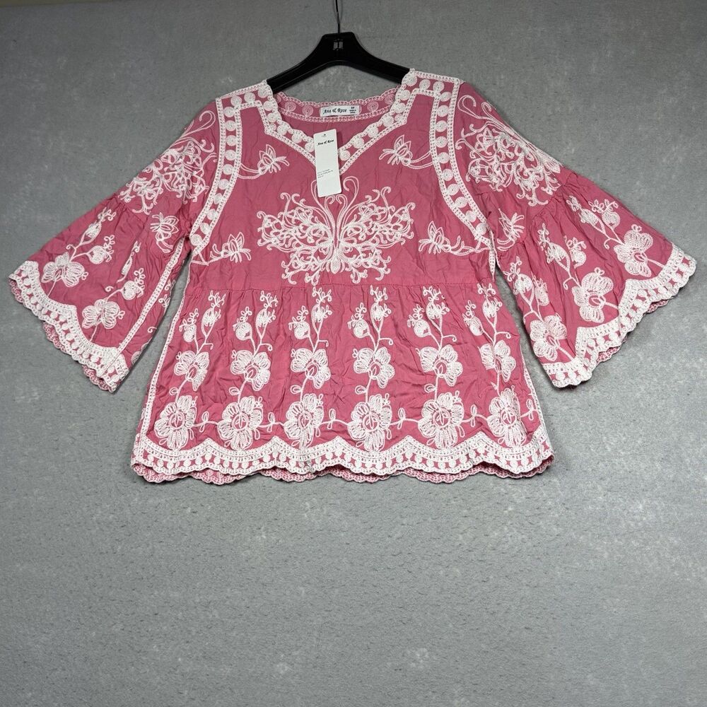 Ana & Rose Blouse Women's Size PS Petite Small Pink White Embroidered Boho